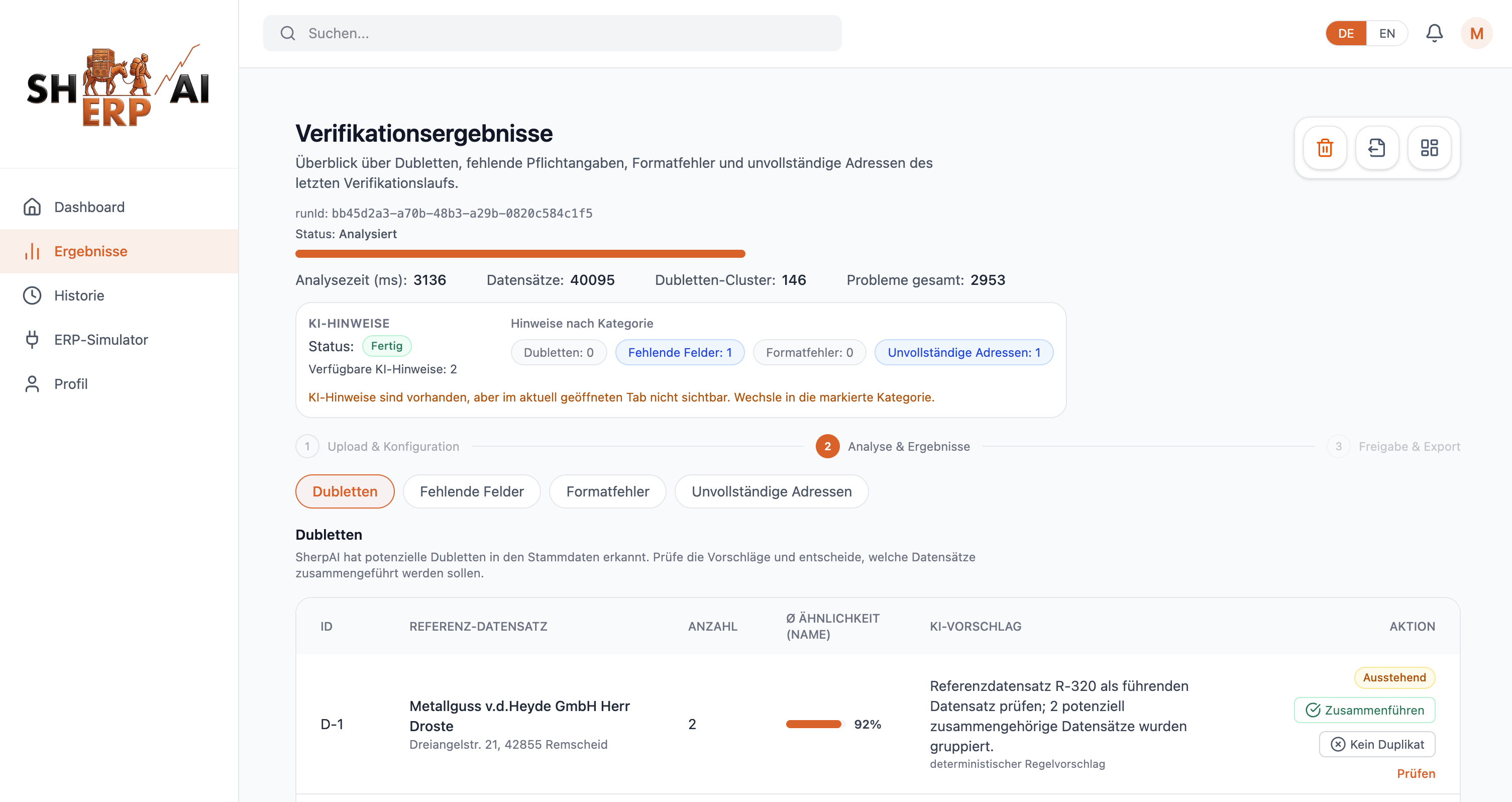 Plattformansicht von SherpAI mit Ergebnis- und Statuslogik